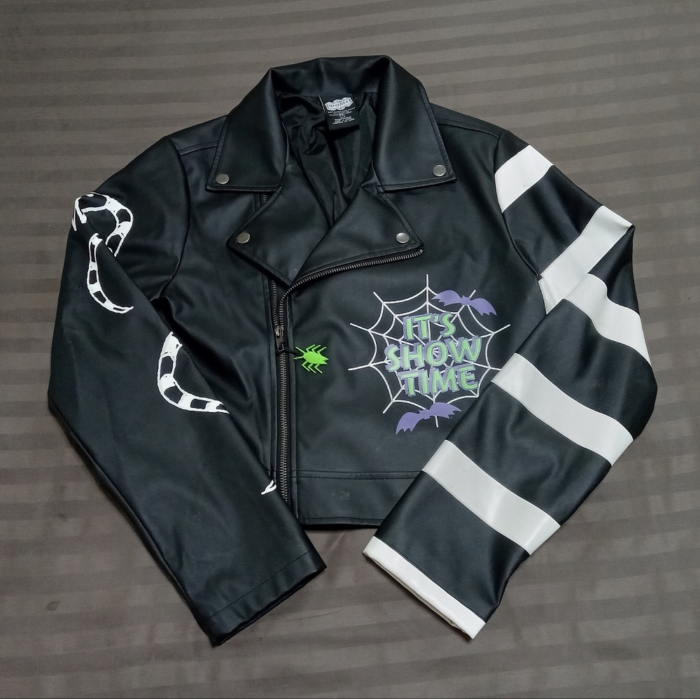 Spirit Beetlejuice Jacket Women's Medium Black  Faux Leather Halloween Crop Moto